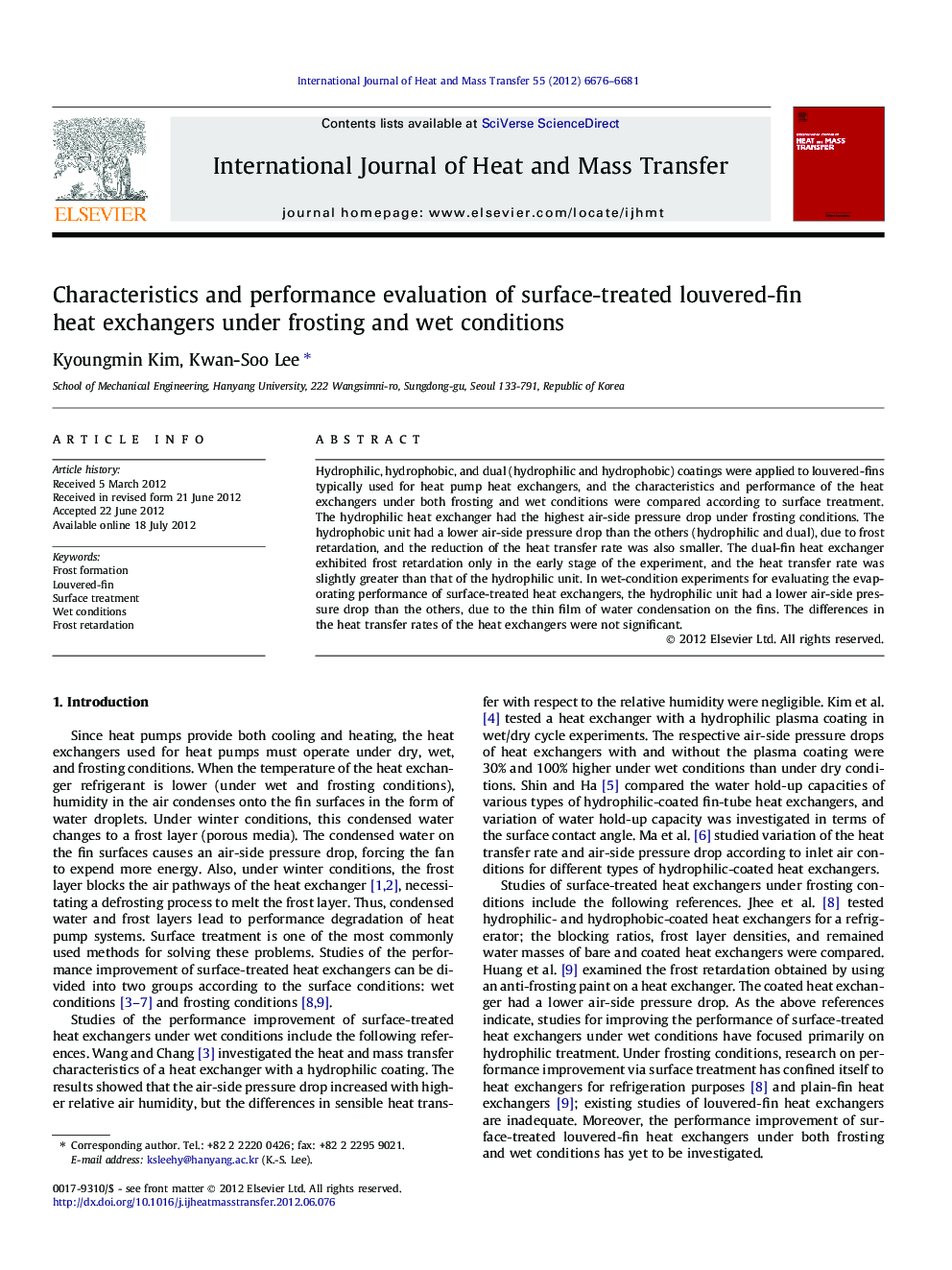 Characteristics and performance evaluation of surface-treated louvered-fin heat exchangers under frosting and wet conditions