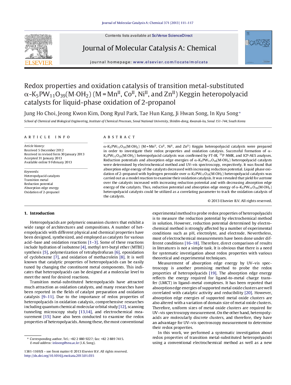 Redox properties and oxidation catalysis of transition metal-substituted α-K5PW11O39(M·OH2) (M = MnII, CoII, NiII, and ZnII) Keggin heteropolyacid catalysts for liquid-phase oxidation of 2-propanol