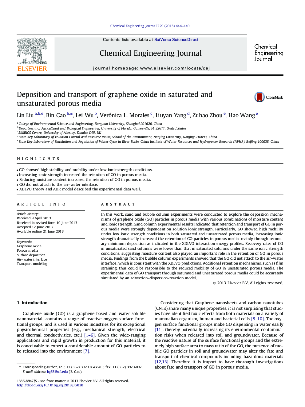 Deposition and transport of graphene oxide in saturated and unsaturated porous media