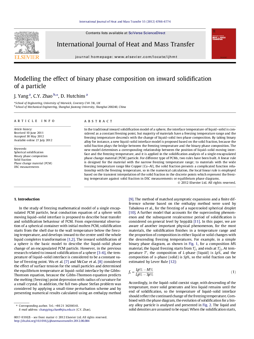 Modelling the effect of binary phase composition on inward solidification of a particle