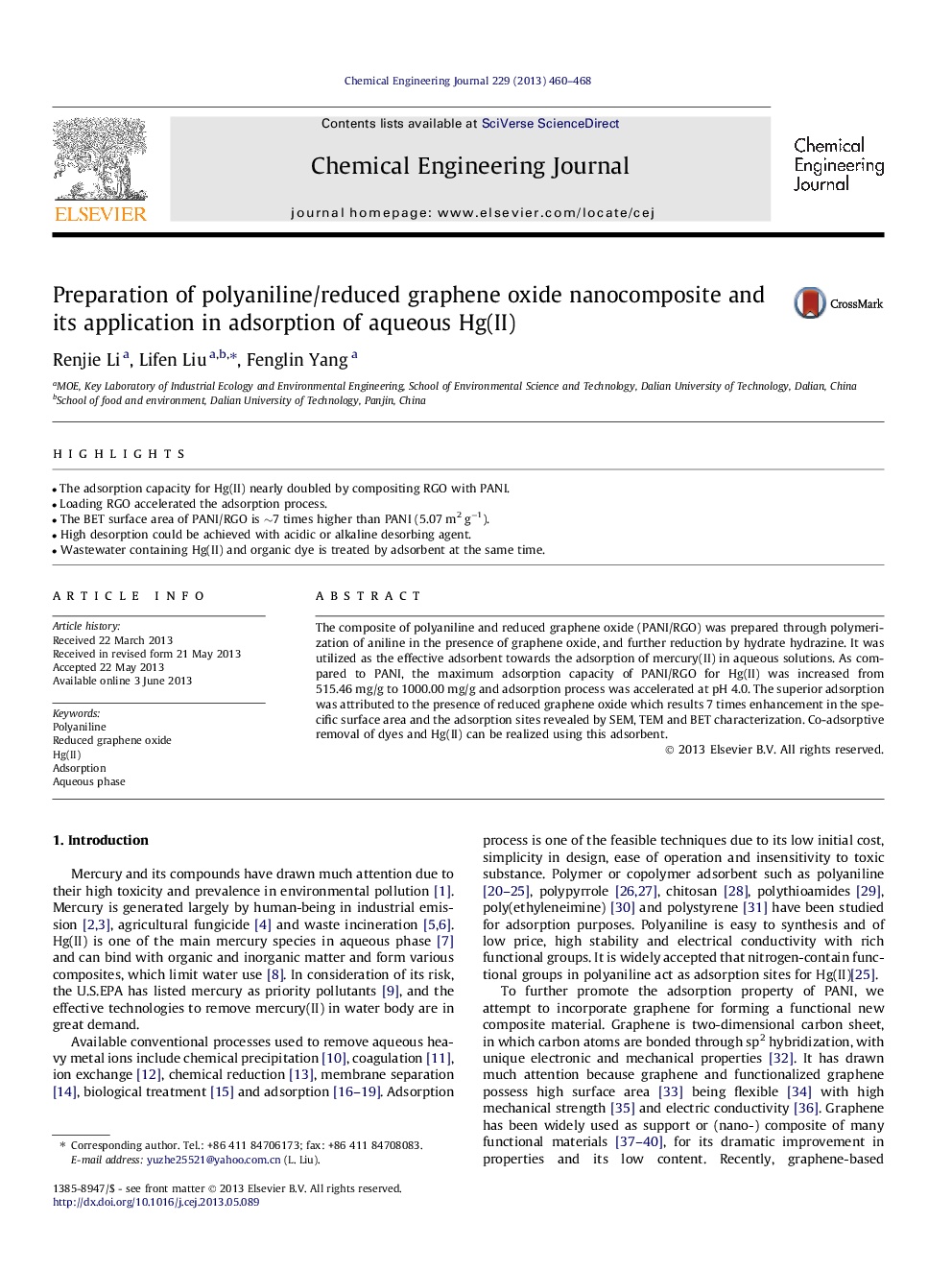 Preparation of polyaniline/reduced graphene oxide nanocomposite and its application in adsorption of aqueous Hg(II)