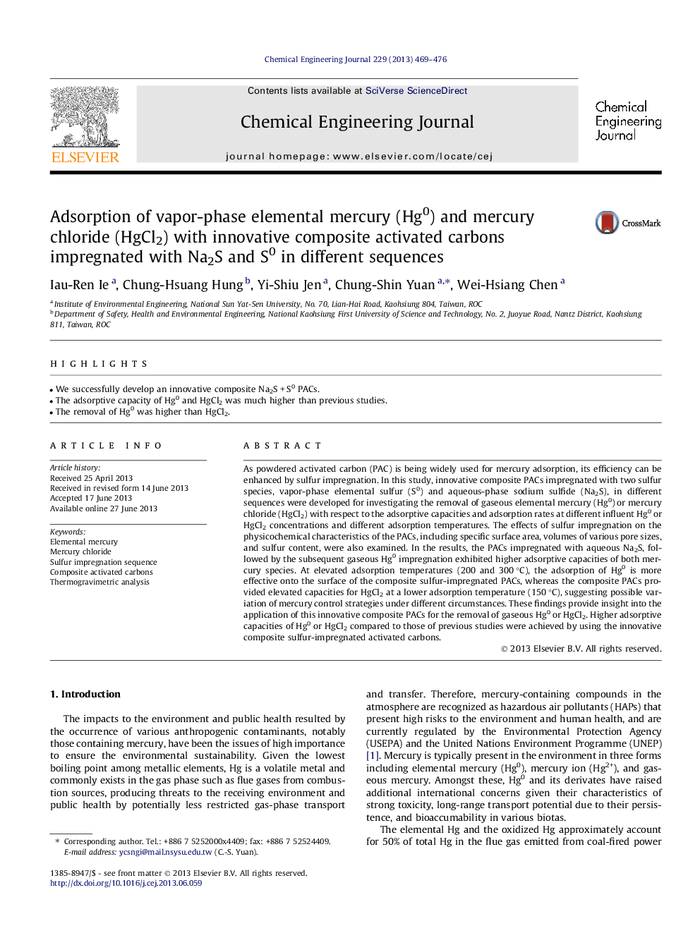 Adsorption of vapor-phase elemental mercury (Hg0) and mercury chloride (HgCl2) with innovative composite activated carbons impregnated with Na2S and S0 in different sequences