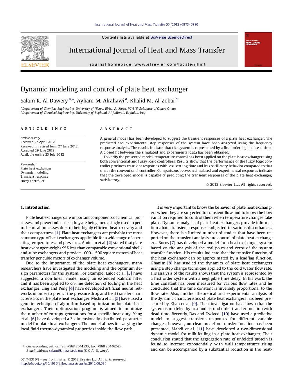 Dynamic modeling and control of plate heat exchanger