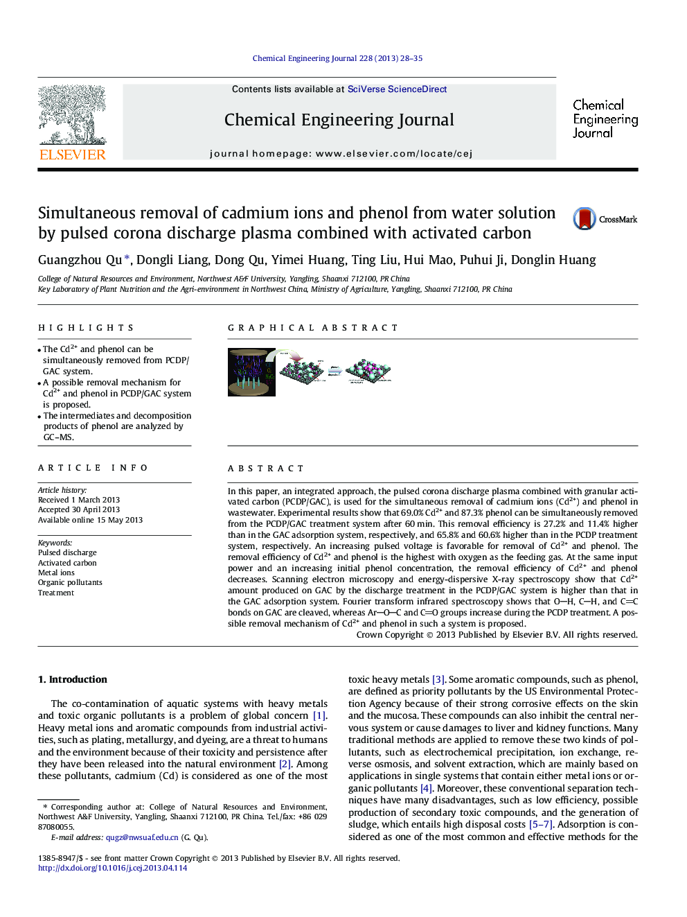 Simultaneous removal of cadmium ions and phenol from water solution by pulsed corona discharge plasma combined with activated carbon