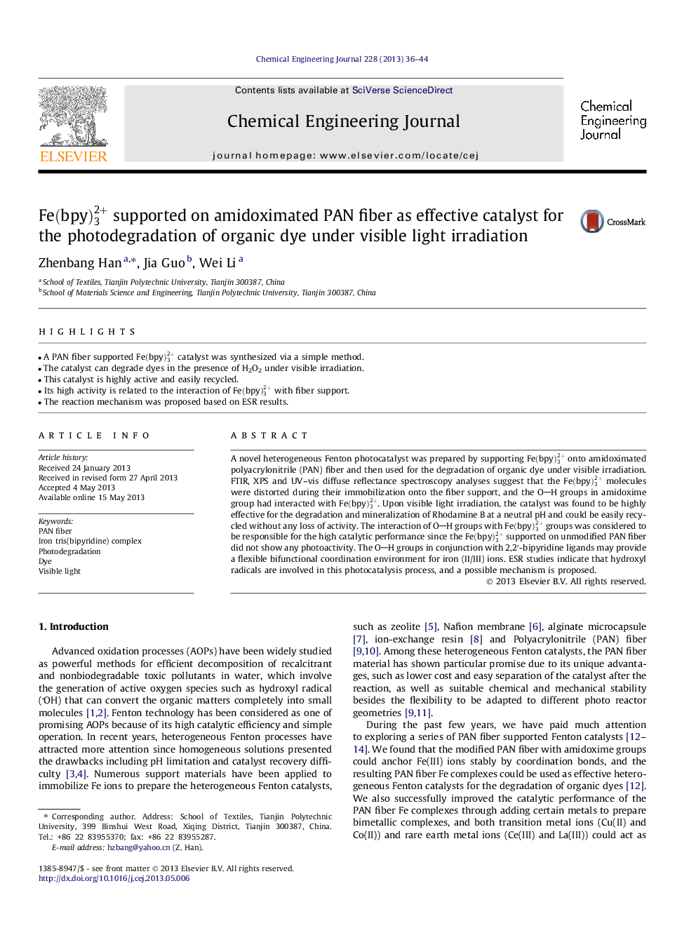 Fe(bpy)32+ supported on amidoximated PAN fiber as effective catalyst for the photodegradation of organic dye under visible light irradiation