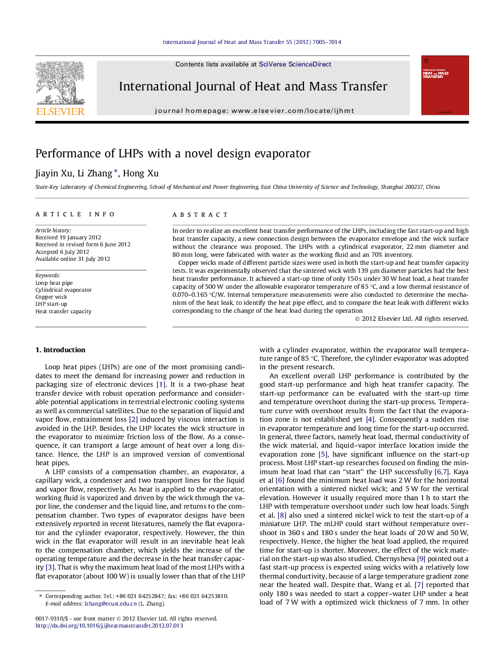 Performance of LHPs with a novel design evaporator