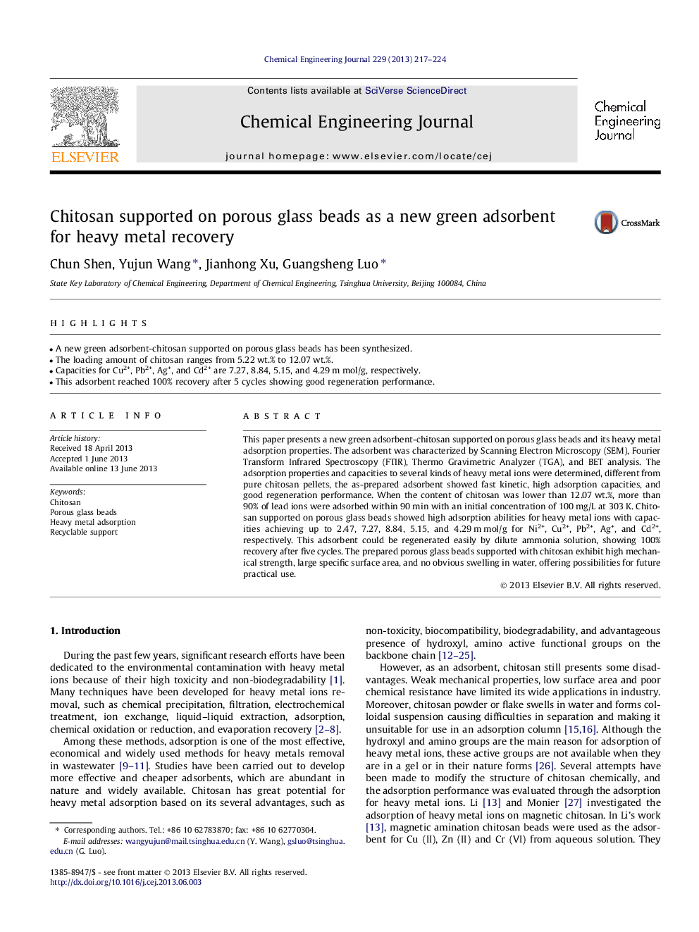 Chitosan supported on porous glass beads as a new green adsorbent for heavy metal recovery