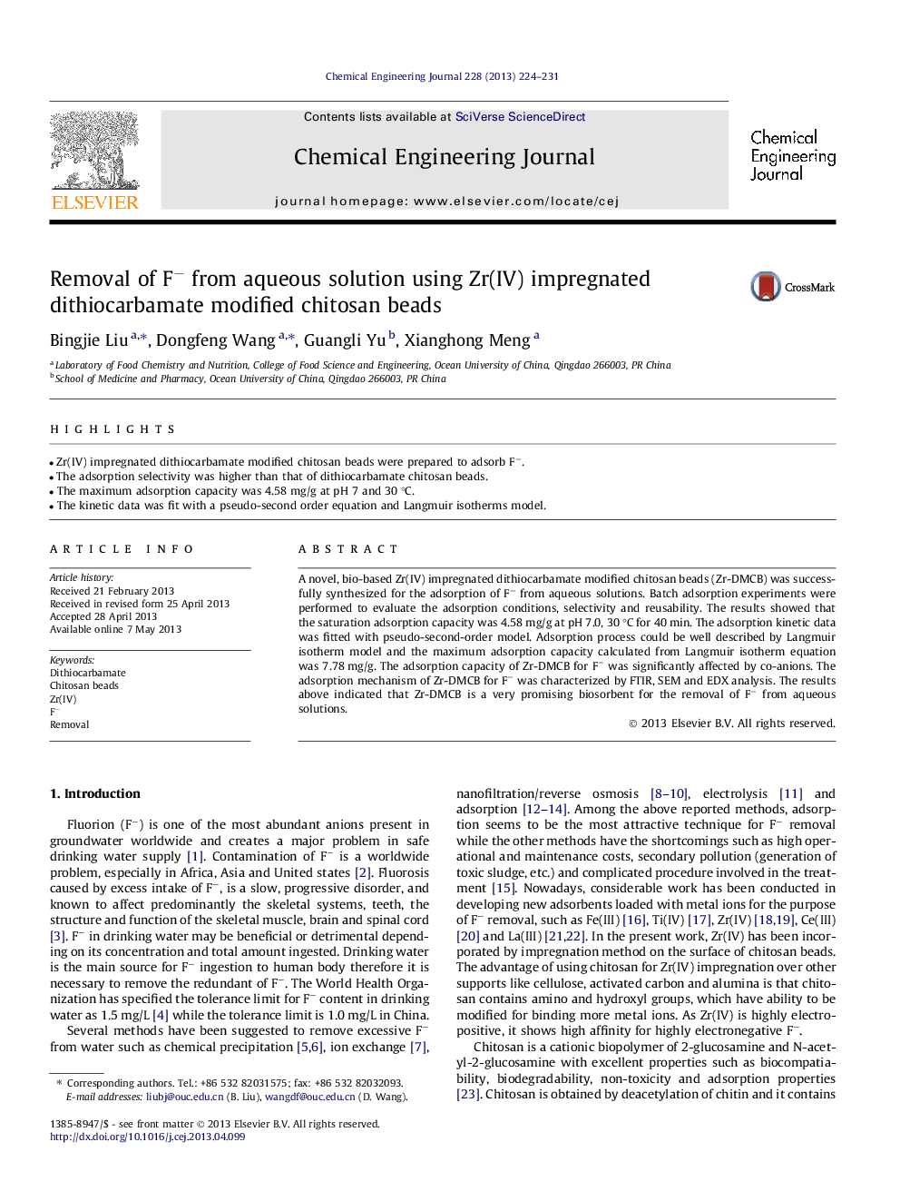 Removal of Fâ from aqueous solution using Zr(IV) impregnated dithiocarbamate modified chitosan beads