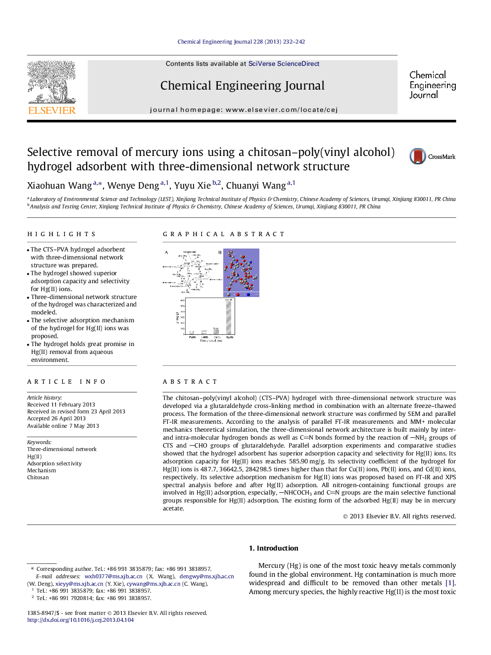 Selective removal of mercury ions using a chitosan-poly(vinyl alcohol) hydrogel adsorbent with three-dimensional network structure