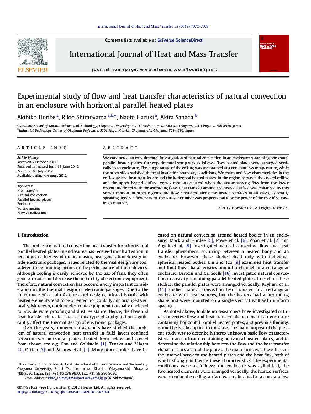 Experimental study of flow and heat transfer characteristics of natural convection in an enclosure with horizontal parallel heated plates