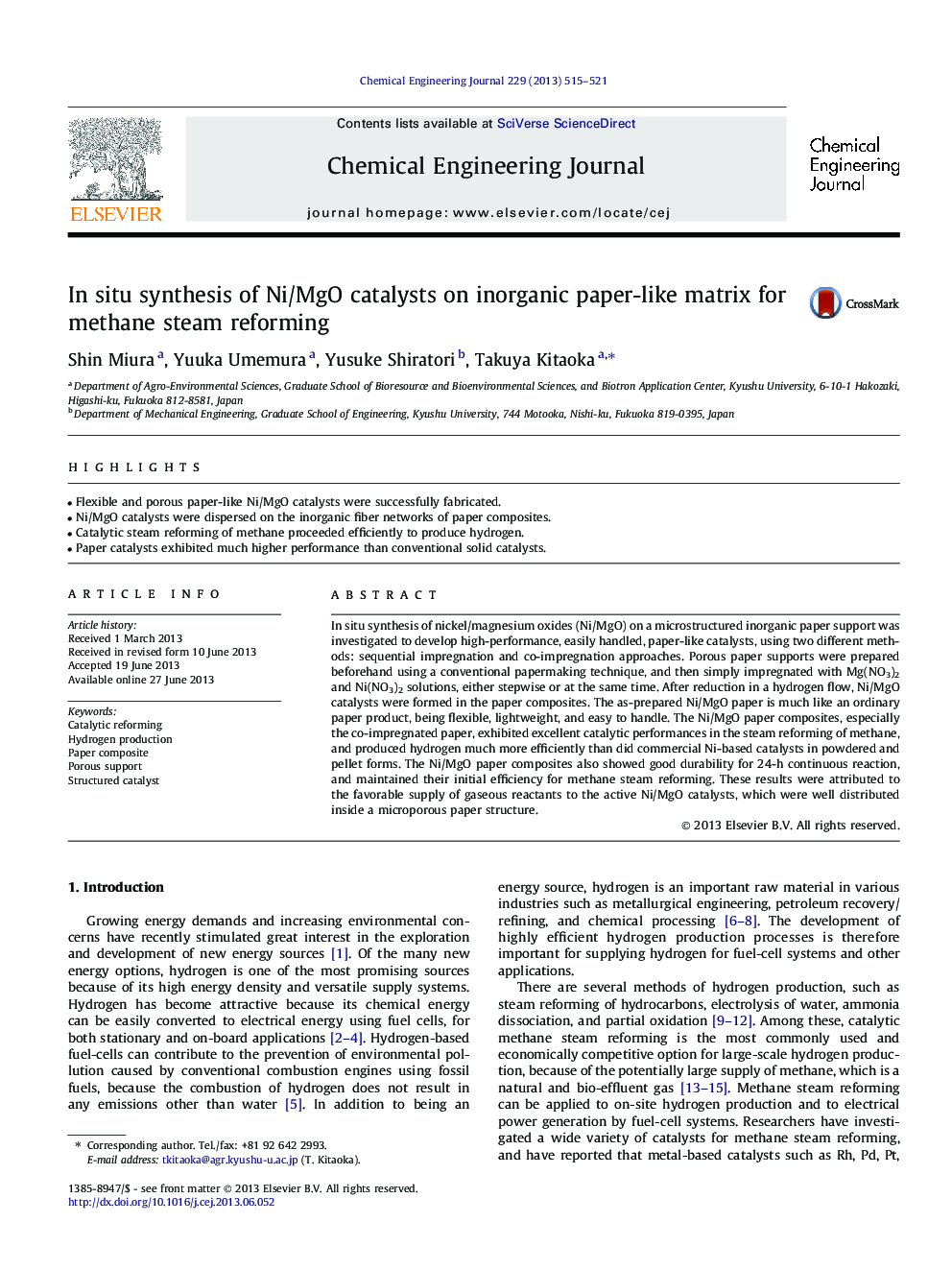 In situ synthesis of Ni/MgO catalysts on inorganic paper-like matrix for methane steam reforming