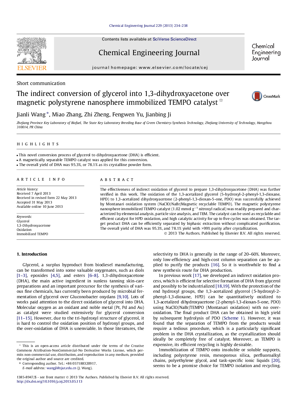 The indirect conversion of glycerol into 1,3-dihydroxyacetone over magnetic polystyrene nanosphere immobilized TEMPO catalyst