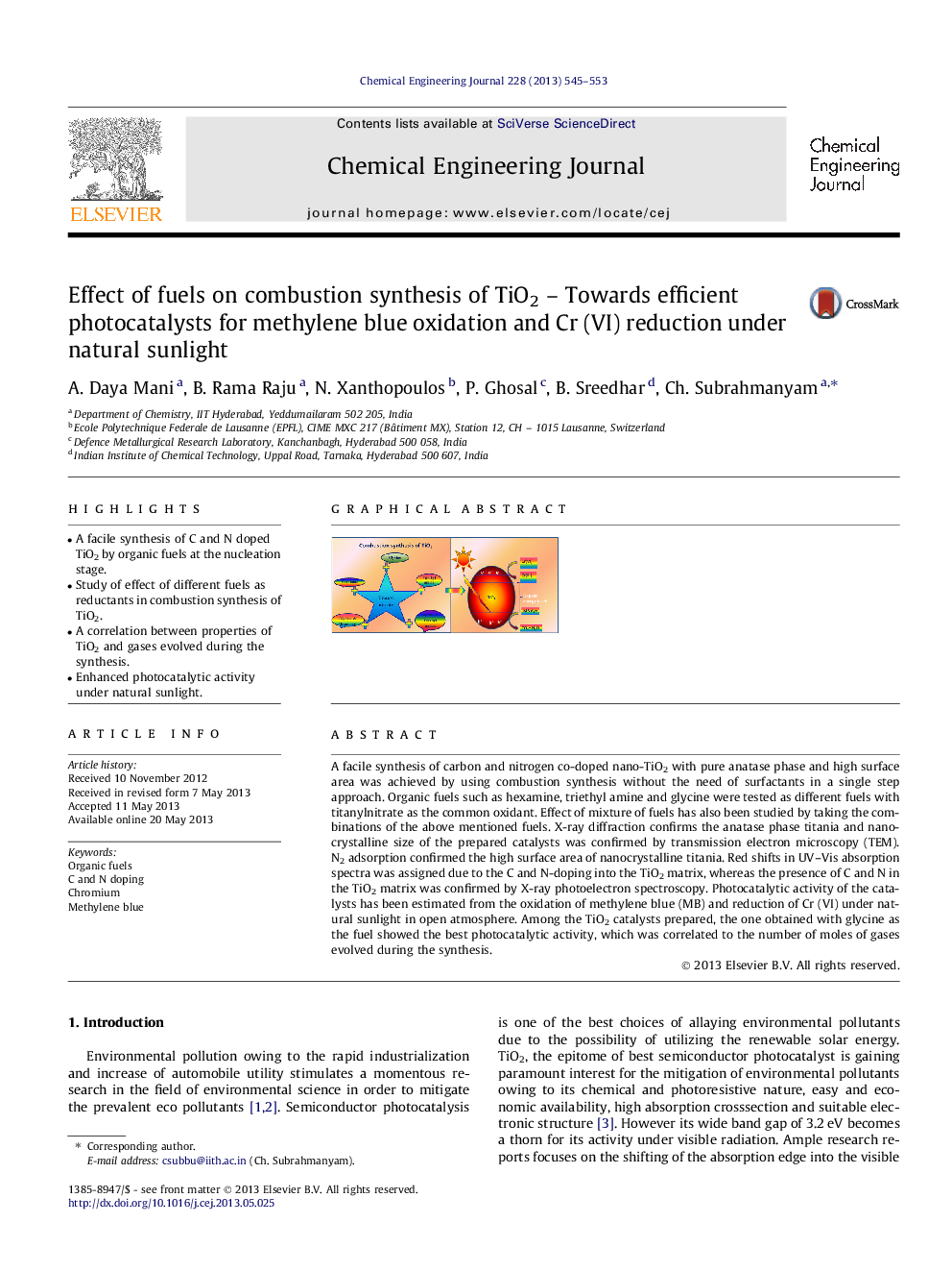 عکس صفحه اول مقاله: Effect of fuels on combustion synthesis of TiO2 - Towards efficient photocatalysts for methylene blue oxidation and Cr (VI) reduction under natural sunlight Effect of fuels on combustion synthesis of TiO2 - Towards efficient photocatalysts for methylene blue oxidation and Cr (VI) reduction under natural sunlight