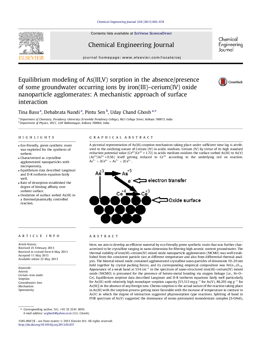 Equilibrium modeling of As(III,V) sorption in the absence/presence of some groundwater occurring ions by iron(III)-cerium(IV) oxide nanoparticle agglomerates: A mechanistic approach of surface interaction