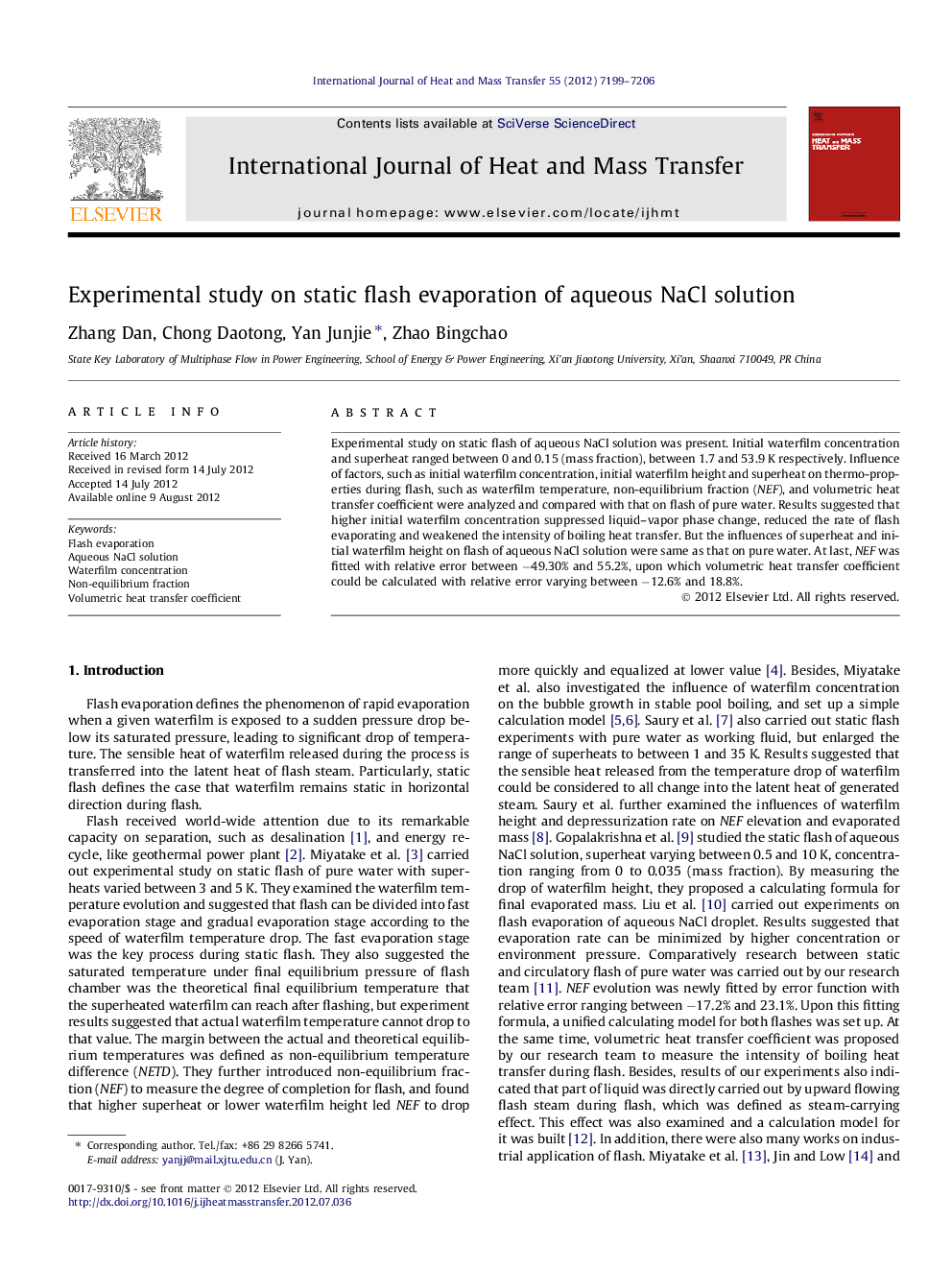 Experimental study on static flash evaporation of aqueous NaCl solution