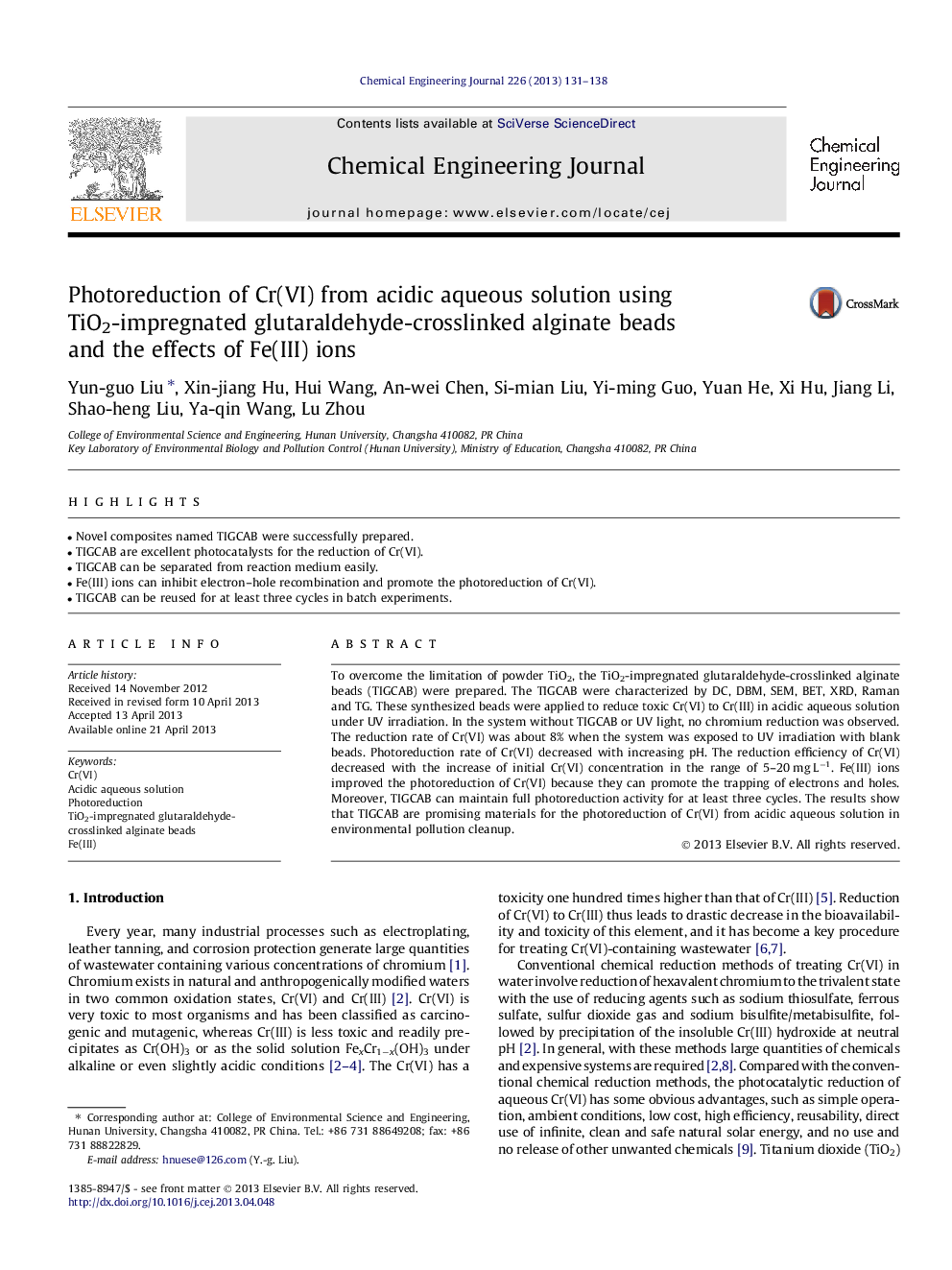 Photoreduction of Cr(VI) from acidic aqueous solution using TiO2-impregnated glutaraldehyde-crosslinked alginate beads and the effects of Fe(III) ions