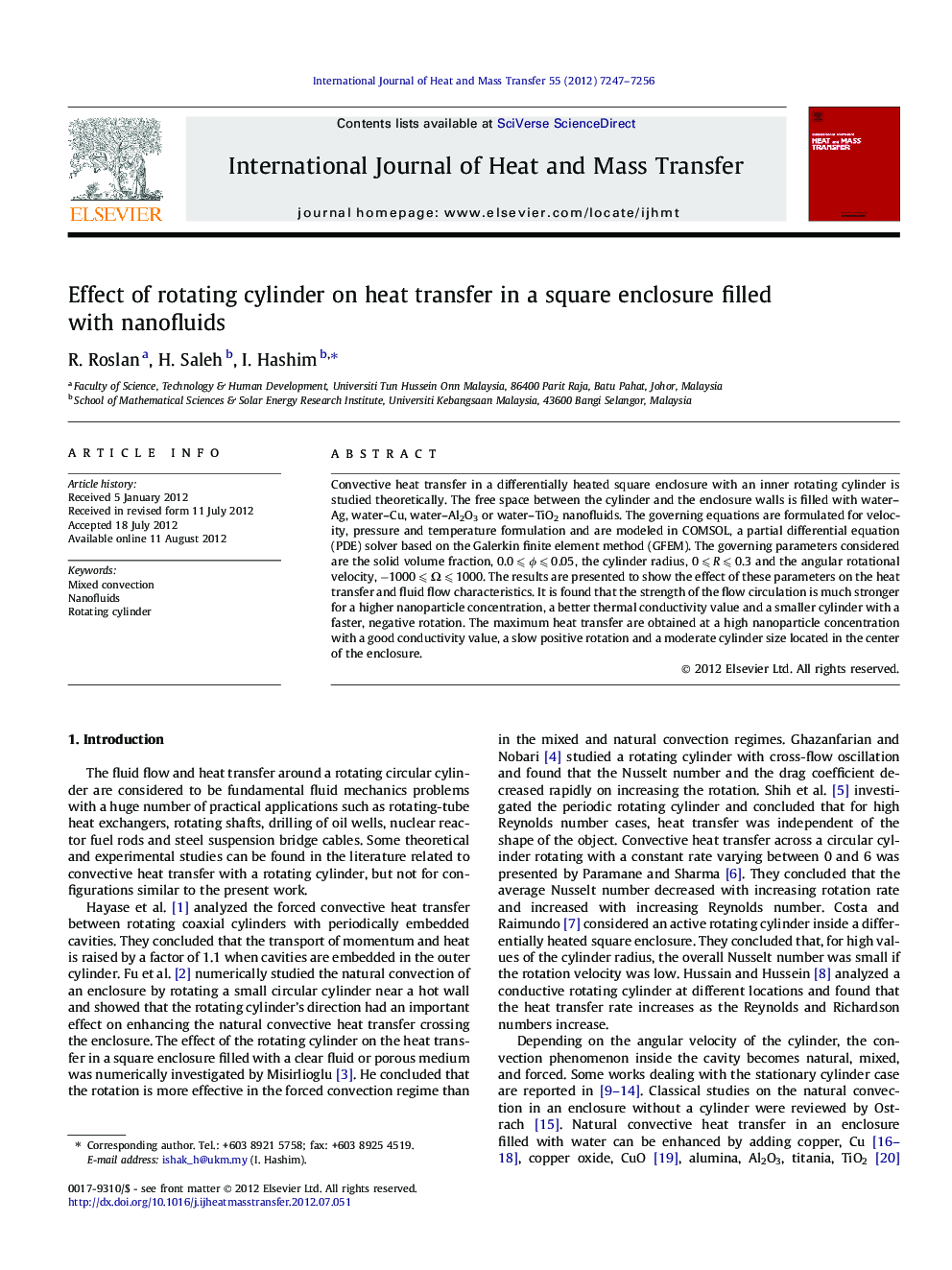 Effect of rotating cylinder on heat transfer in a square enclosure filled with nanofluids