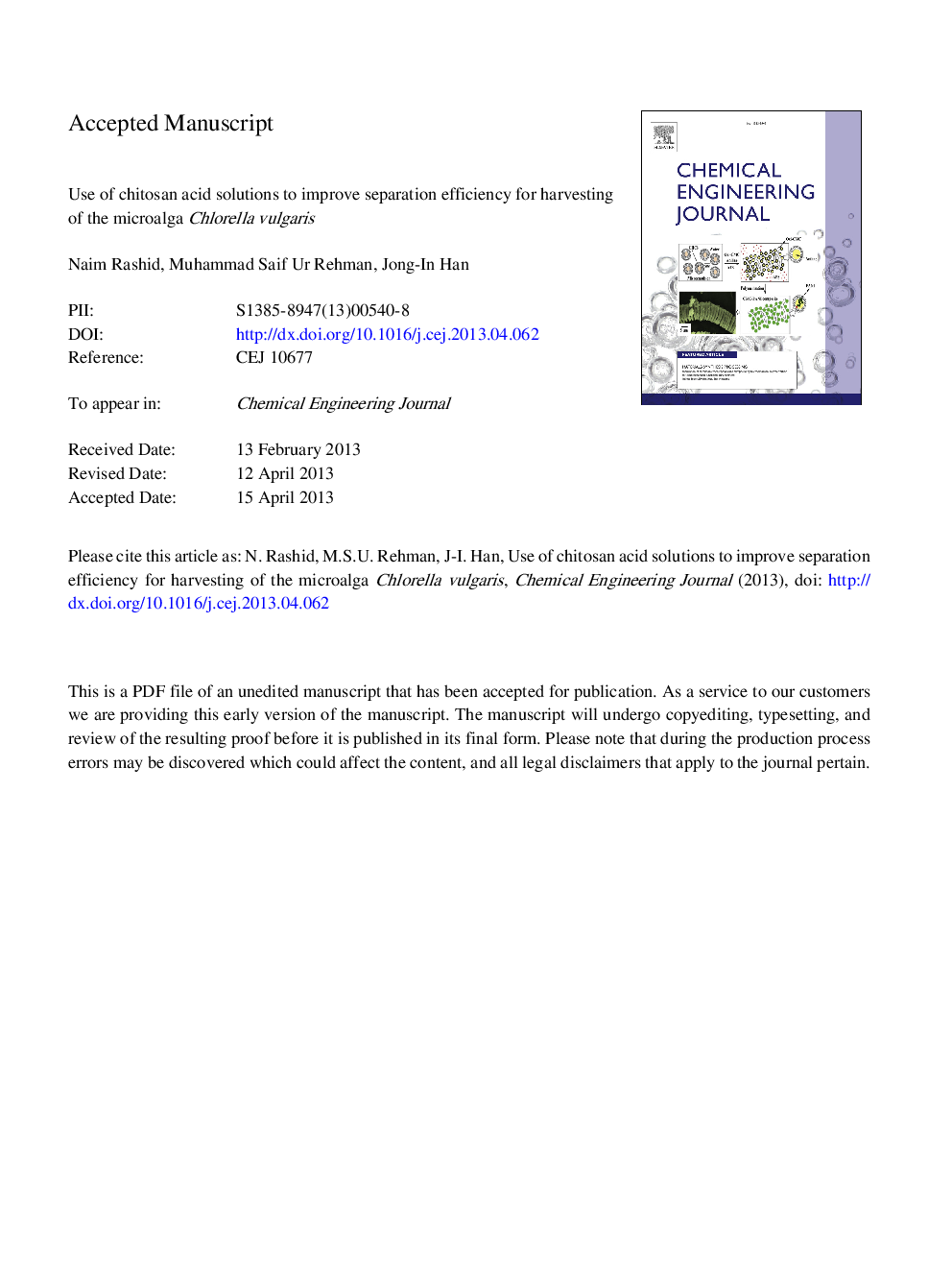 Use of chitosan acid solutions to improve separation efficiency for harvesting of the microalga Chlorella vulgaris