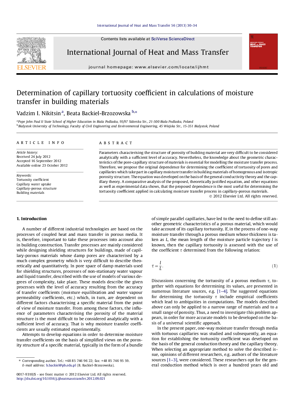 Determination of capillary tortuosity coefficient in calculations of moisture transfer in building materials