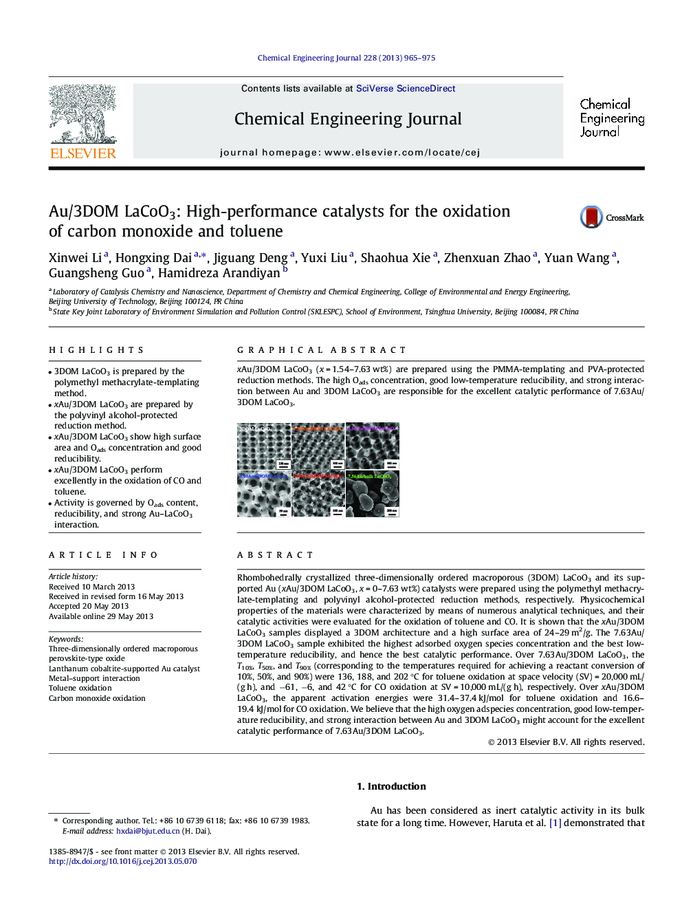 Au/3DOM LaCoO3: High-performance catalysts for the oxidation of carbon monoxide and toluene