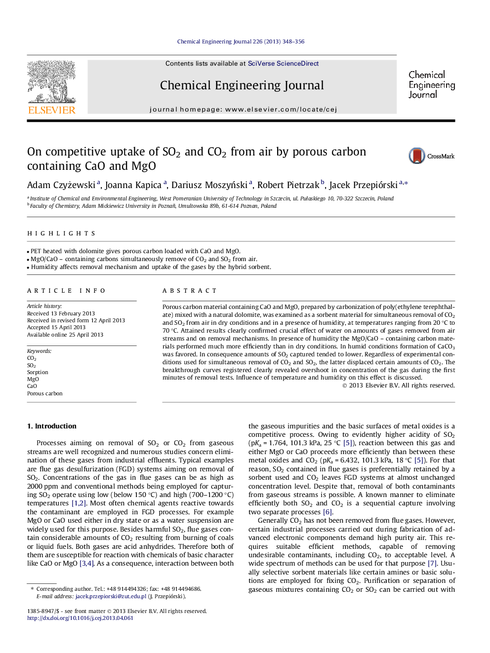 On competitive uptake of SO2 and CO2 from air by porous carbon containing CaO and MgO