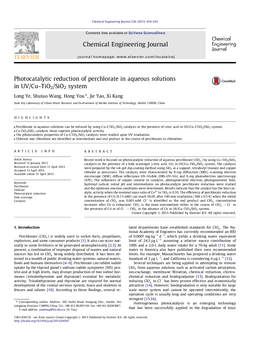 Photocatalytic reduction of perchlorate in aqueous solutions in UV/Cu-TiO2/SiO2 system