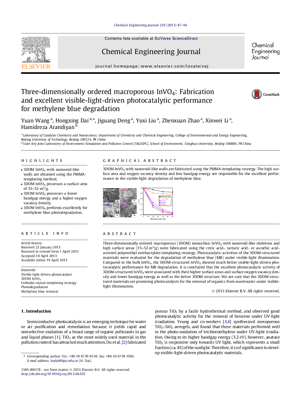 عکس صفحه اول مقاله: Three-dimensionally ordered macroporous InVO4: Fabrication and excellent visible-light-driven photocatalytic performance for methylene blue degradation Three-dimensionally ordered macroporous InVO4: Fabrication and excellent visible-light-driven photocatalytic performance for methylene blue degradation