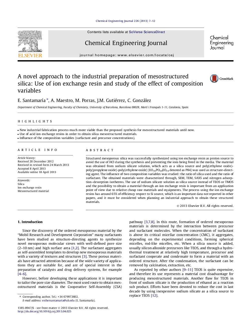 A novel approach to the industrial preparation of mesostructured silica: Use of ion exchange resin and study of the effect of composition variables