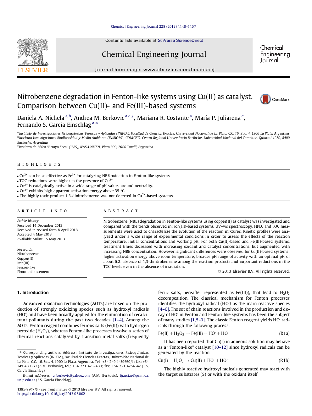 Nitrobenzene degradation in Fenton-like systems using Cu(II) as catalyst. Comparison between Cu(II)- and Fe(III)-based systems