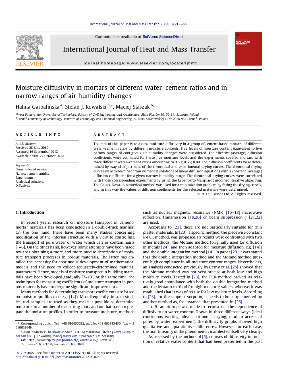 Moisture diffusivity in mortars of different water–cement ratios and in narrow ranges of air humidity changes