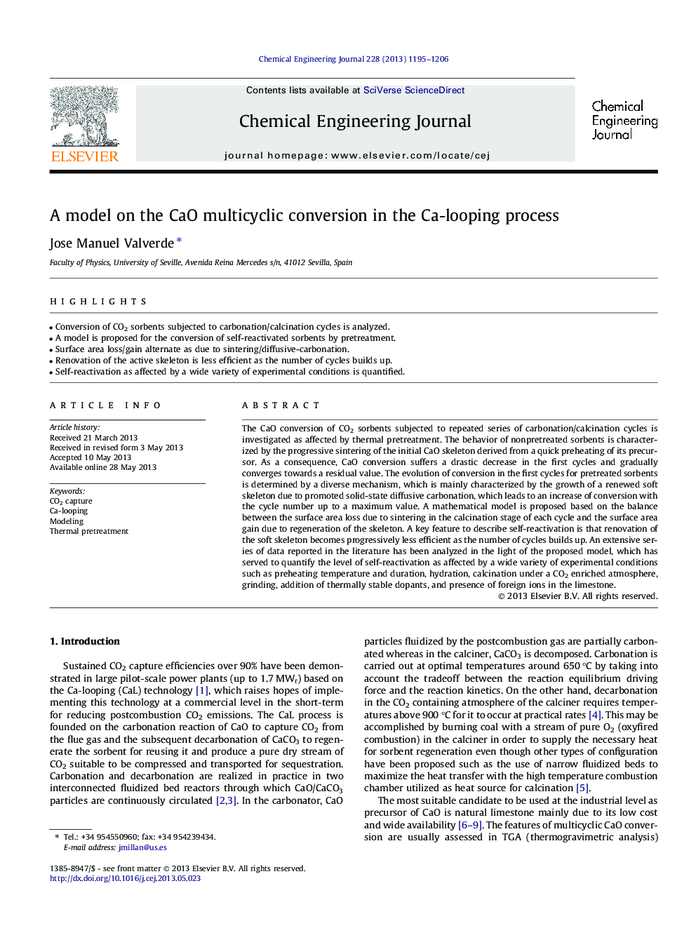عکس صفحه اول مقاله: A model on the CaO multicyclic conversion in the Ca-looping process A model on the CaO multicyclic conversion in the Ca-looping process