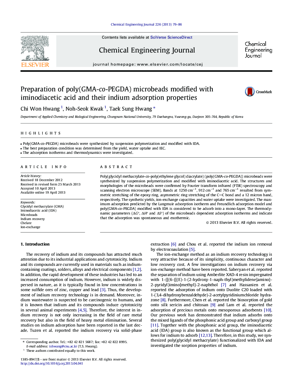 Preparation of poly(GMA-co-PEGDA) microbeads modified with iminodiacetic acid and their indium adsorption properties