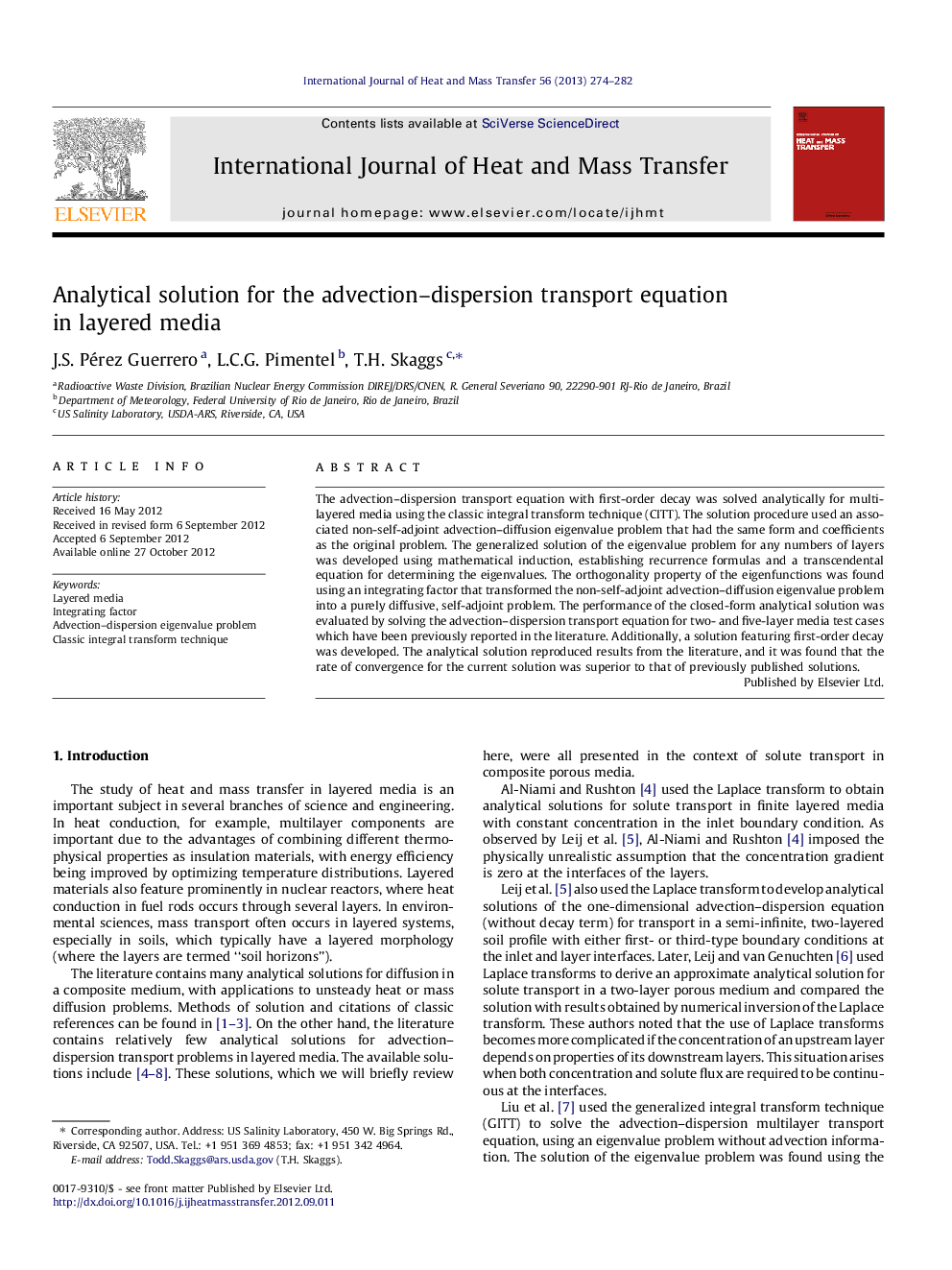 Analytical solution for the advection–dispersion transport equation in layered media