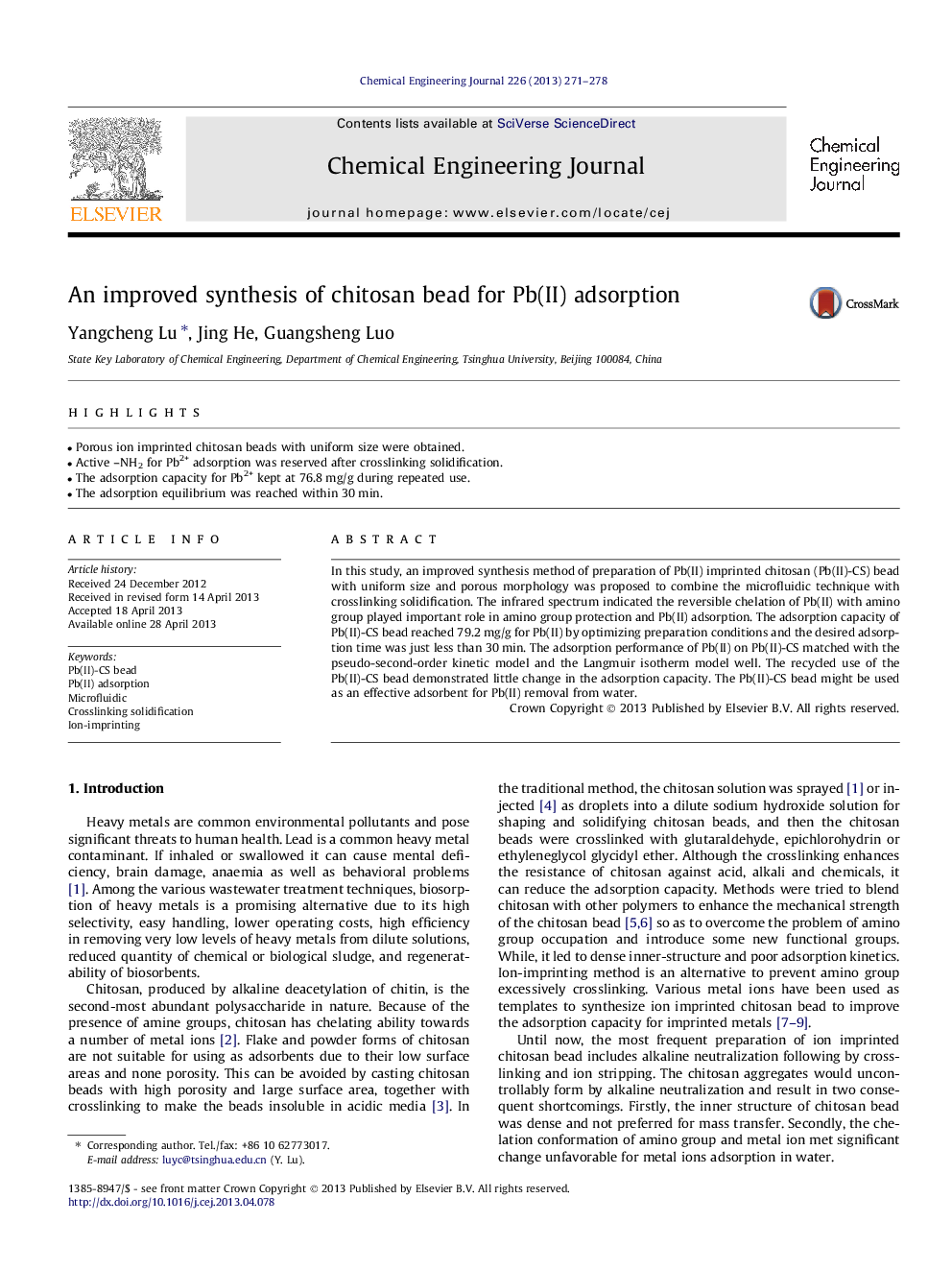 An improved synthesis of chitosan bead for Pb(II) adsorption