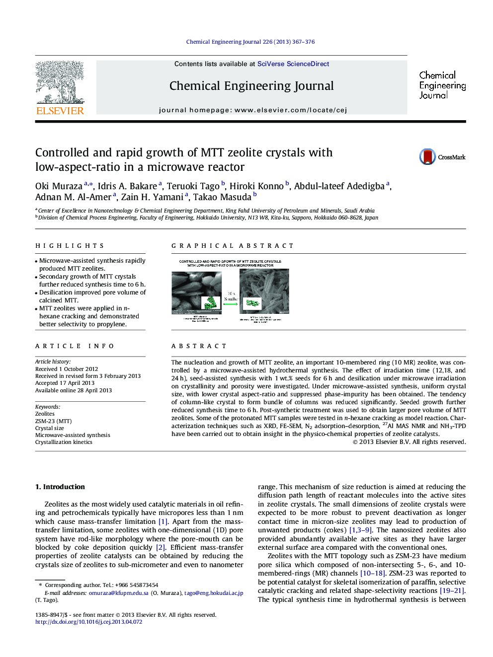 Controlled and rapid growth of MTT zeolite crystals with low-aspect-ratio in a microwave reactor