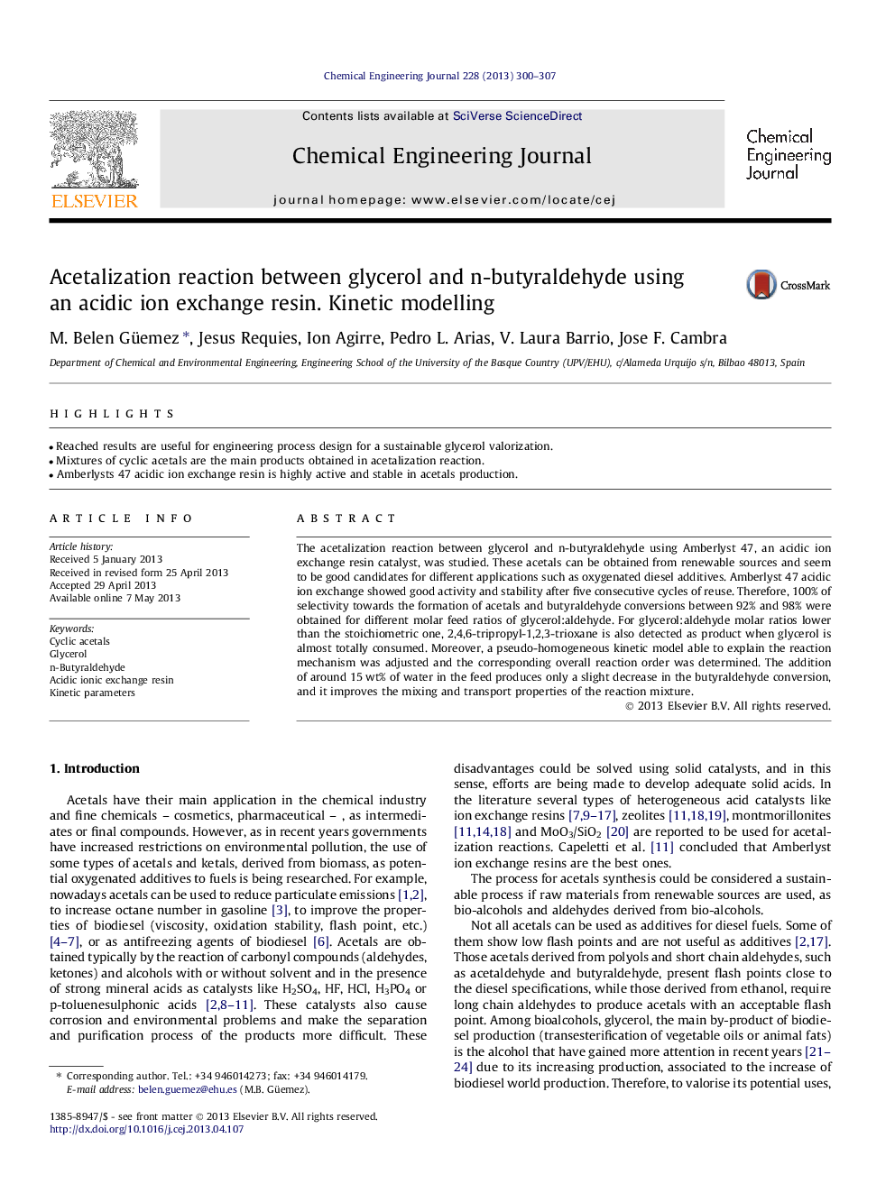 Acetalization reaction between glycerol and n-butyraldehyde using an acidic ion exchange resin. Kinetic modelling