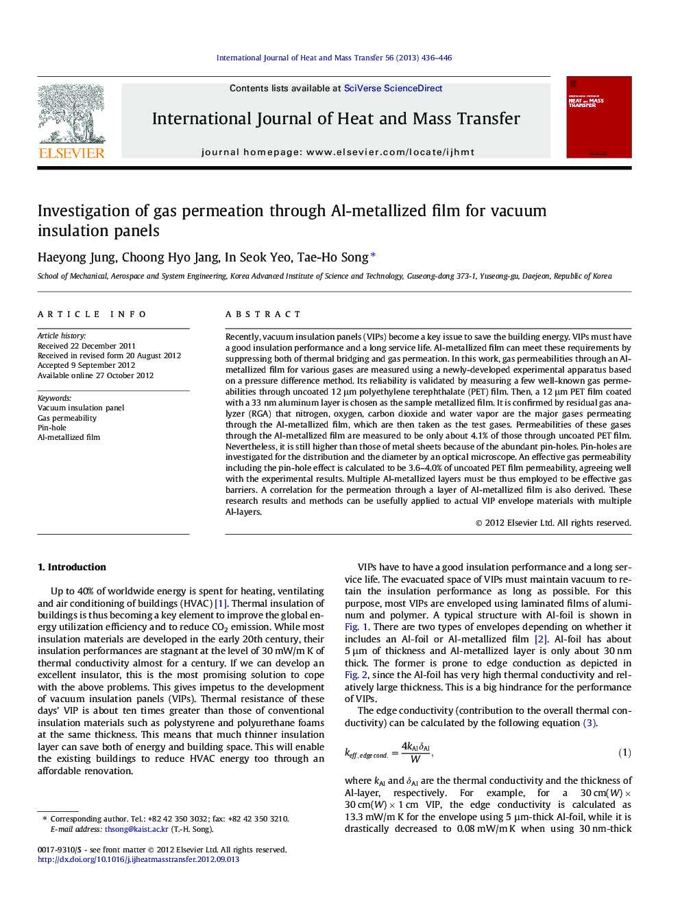 Investigation of gas permeation through Al-metallized film for vacuum insulation panels