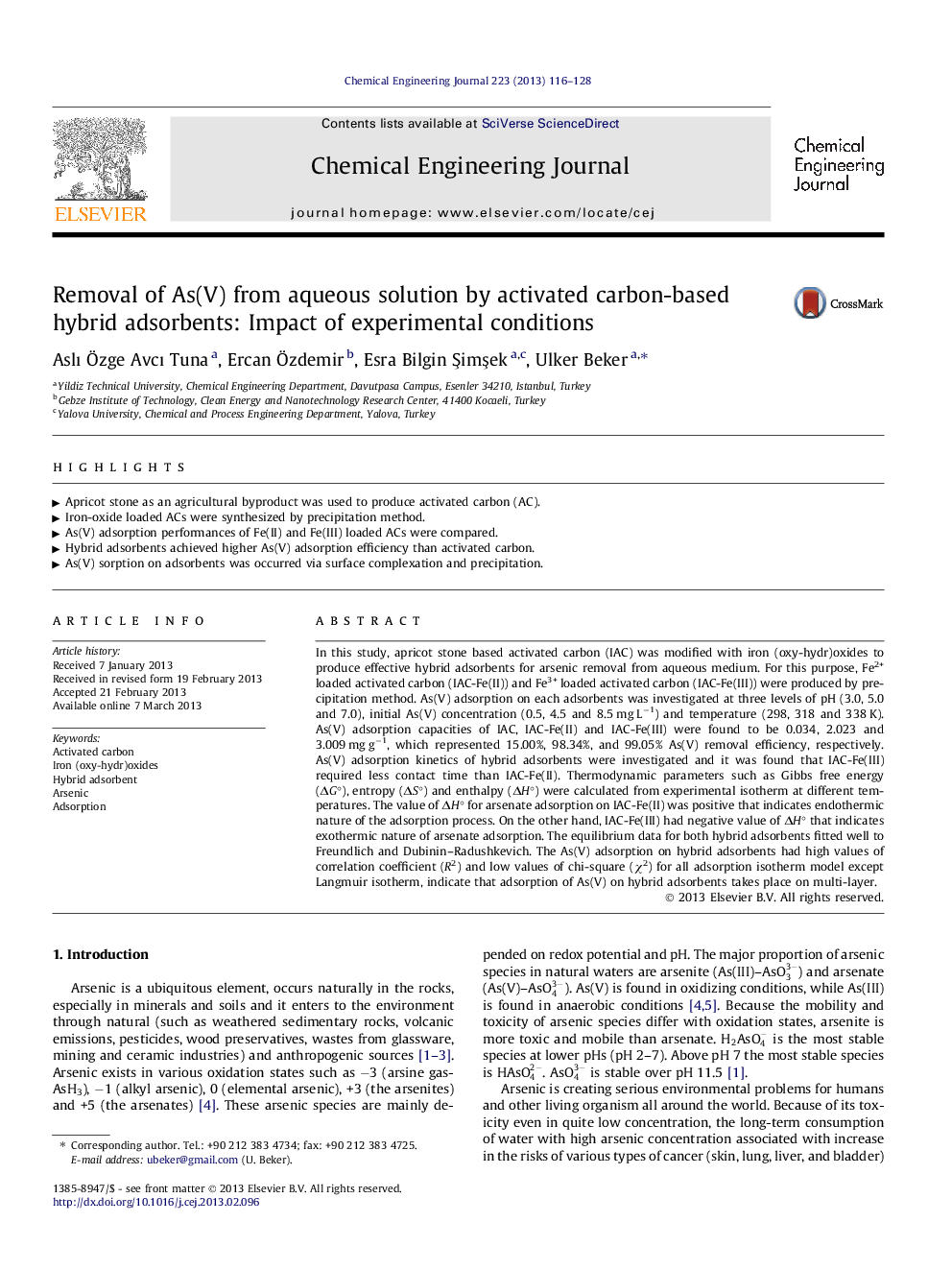 Removal of As(V) from aqueous solution by activated carbon-based hybrid adsorbents: Impact of experimental conditions