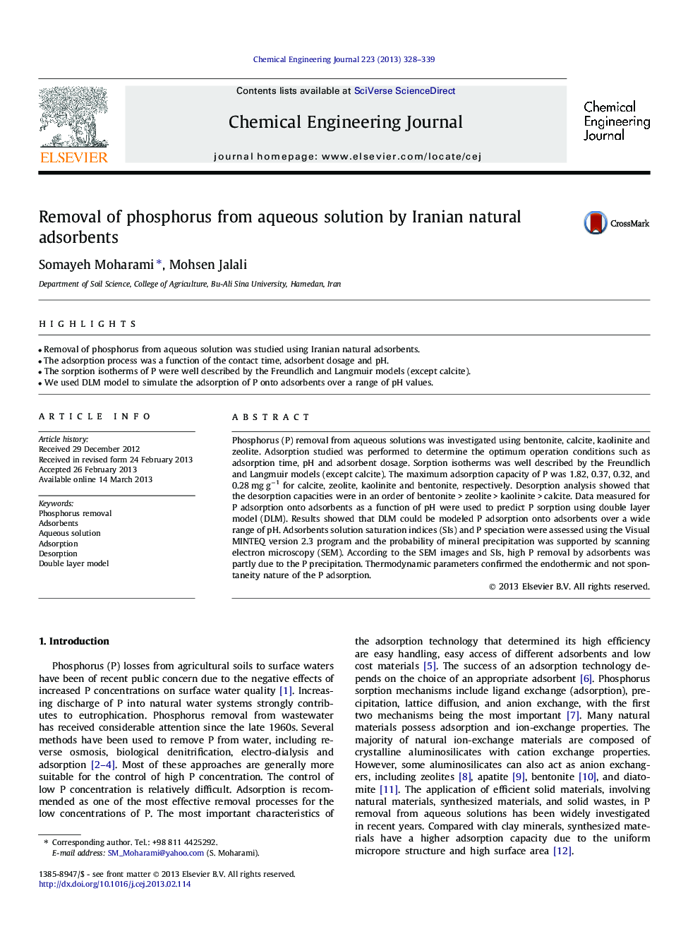 Removal of phosphorus from aqueous solution by Iranian natural adsorbents