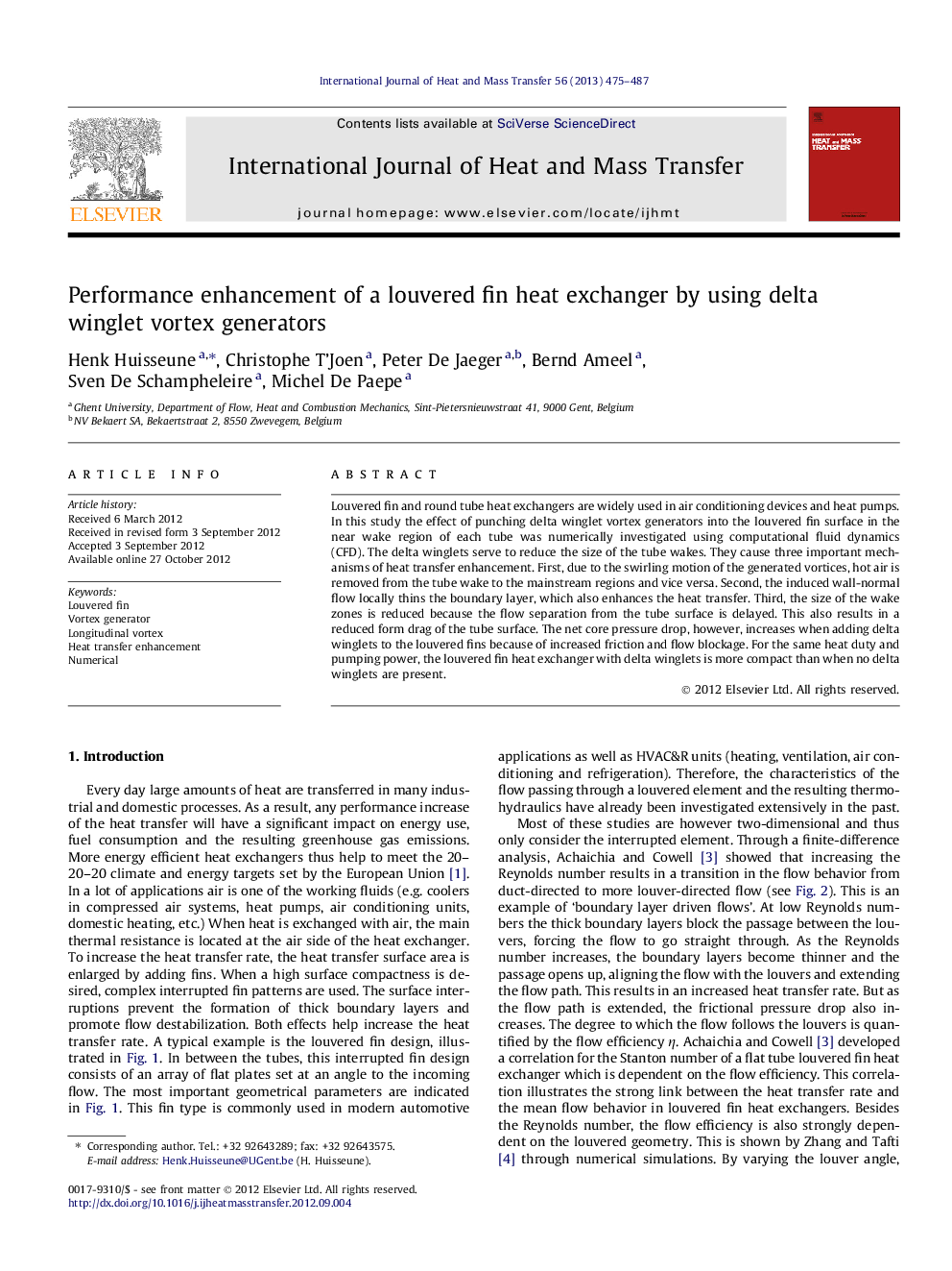 Performance enhancement of a louvered fin heat exchanger by using delta winglet vortex generators