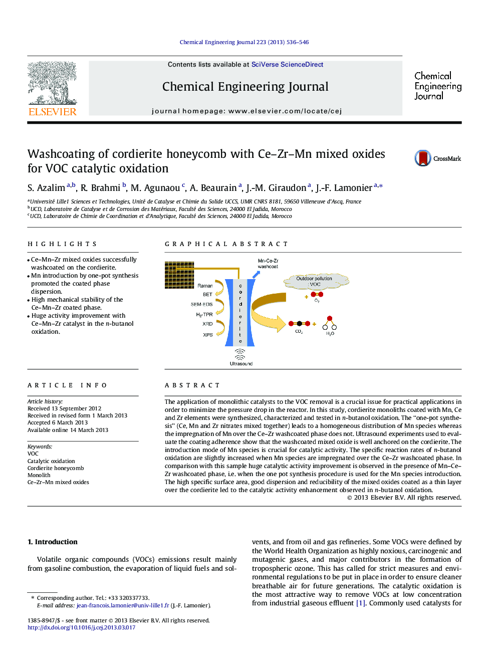 عکس صفحه اول مقاله: Washcoating of cordierite honeycomb with Ce-Zr-Mn mixed oxides for VOC catalytic oxidation Washcoating of cordierite honeycomb with Ce-Zr-Mn mixed oxides for VOC catalytic oxidation