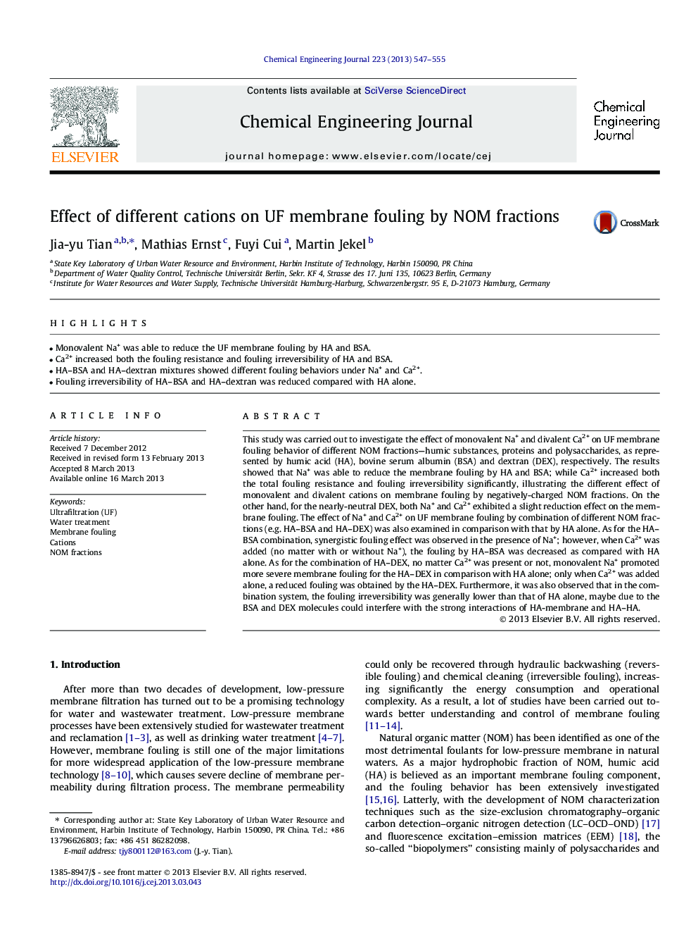 Effect of different cations on UF membrane fouling by NOM fractions