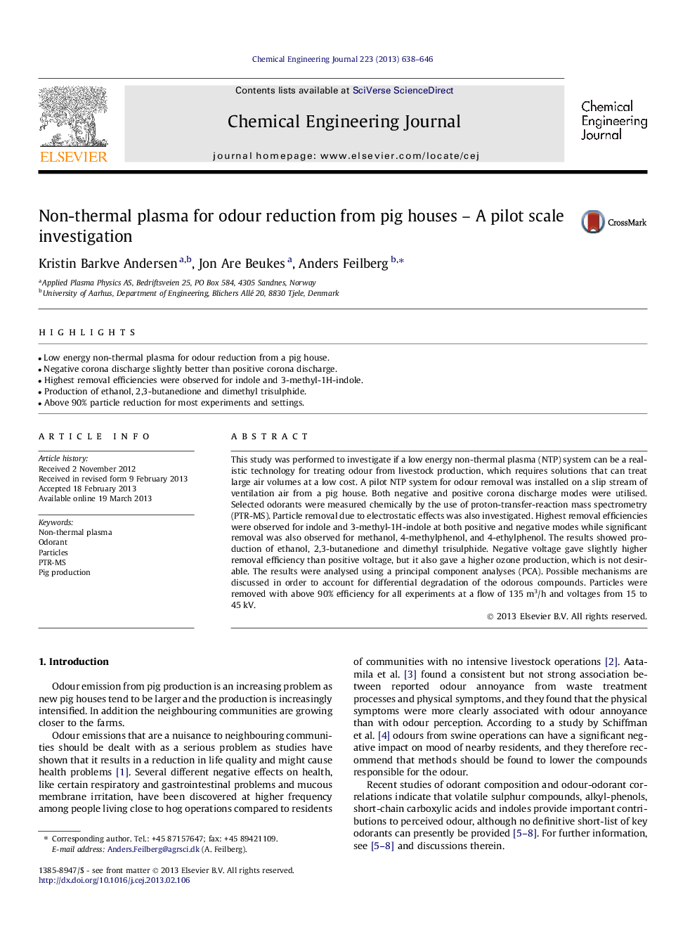 Non-thermal plasma for odour reduction from pig houses - A pilot scale investigation