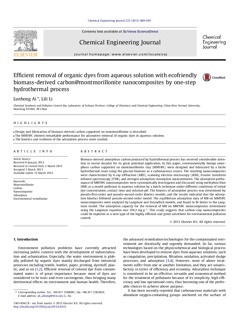 Efficient removal of organic dyes from aqueous solution with ecofriendly biomass-derived carbon@montmorillonite nanocomposites by one-step hydrothermal process