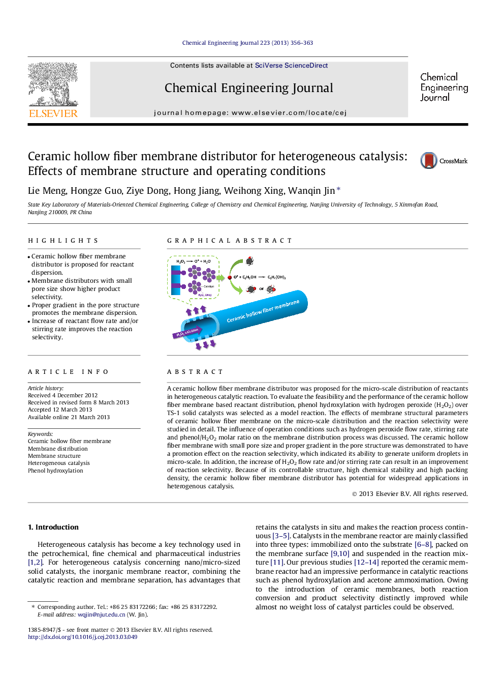 Ceramic hollow fiber membrane distributor for heterogeneous catalysis: Effects of membrane structure and operating conditions