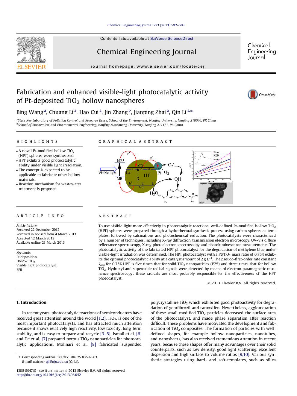 Fabrication and enhanced visible-light photocatalytic activity of Pt-deposited TiO2 hollow nanospheres