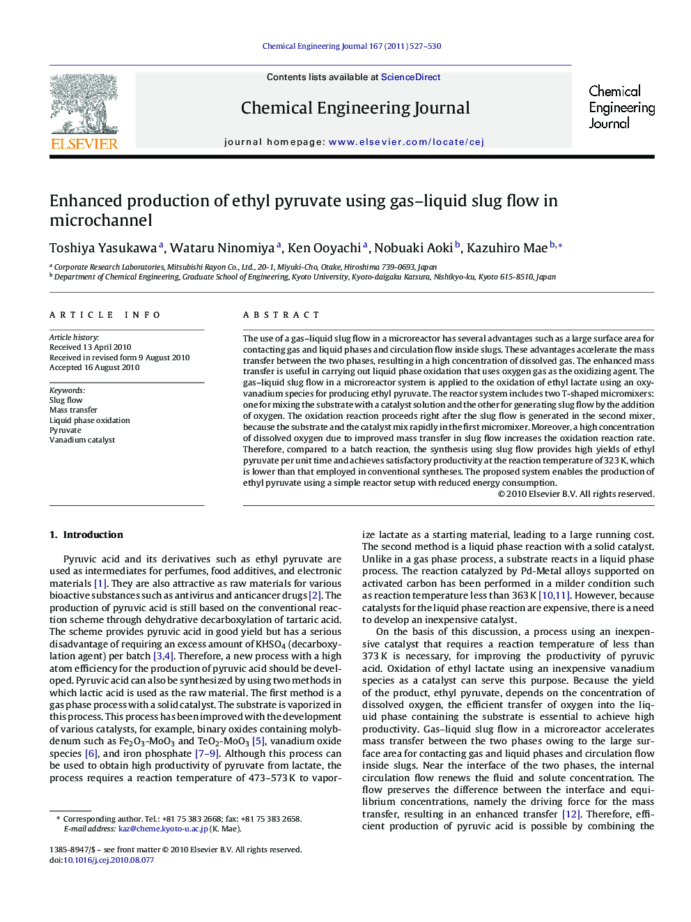 Enhanced production of ethyl pyruvate using gas-liquid slug flow in microchannel