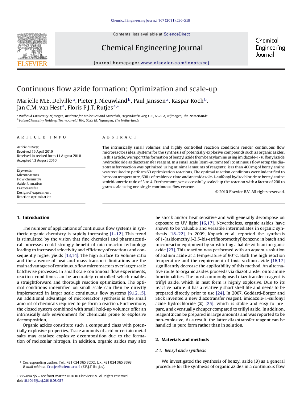 Continuous flow azide formation: Optimization and scale-up