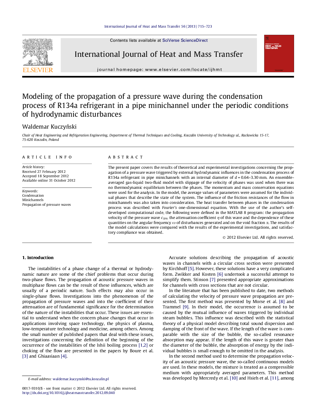 Modeling of the propagation of a pressure wave during the condensation process of R134a refrigerant in a pipe minichannel under the periodic conditions of hydrodynamic disturbances