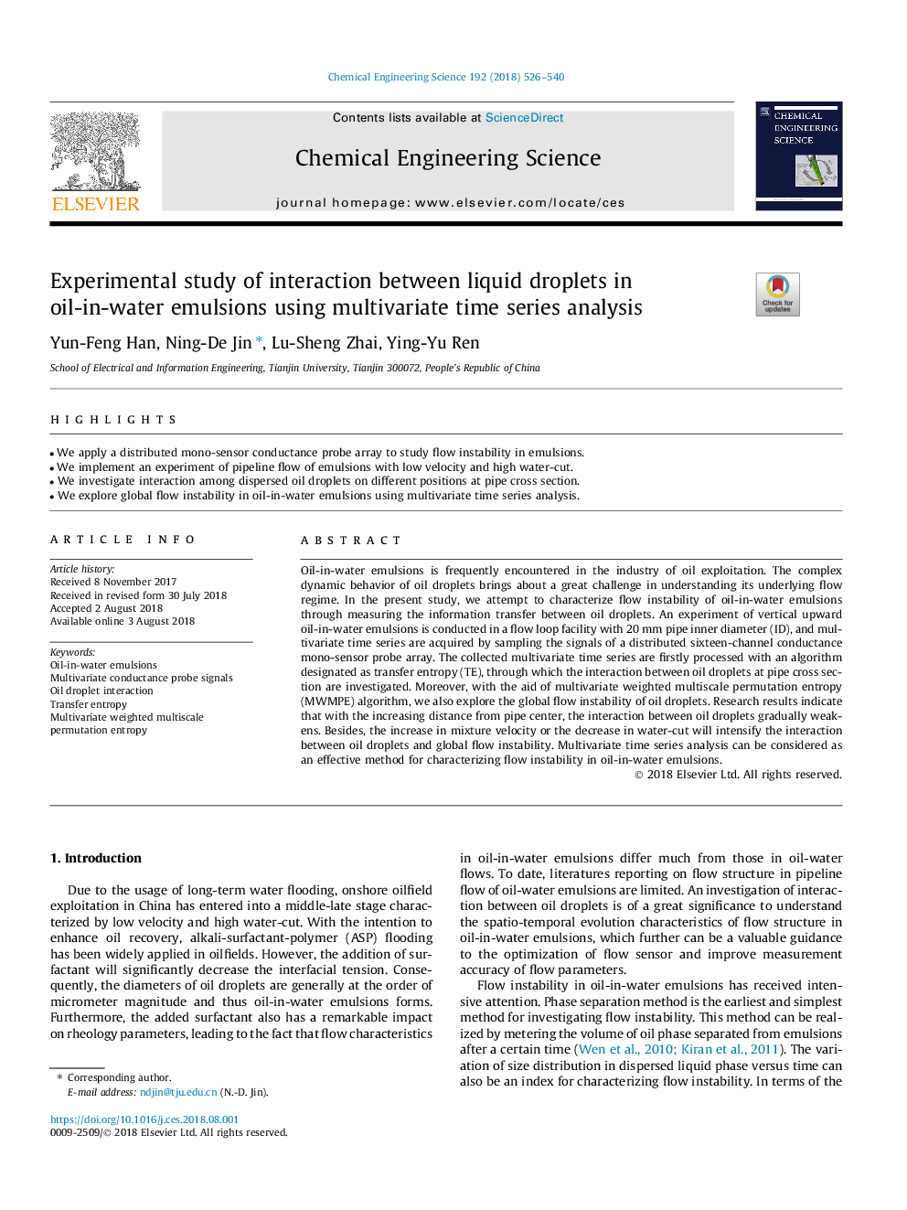 Experimental study of interaction between liquid droplets in oil-in-water emulsions using multivariate time series analysis